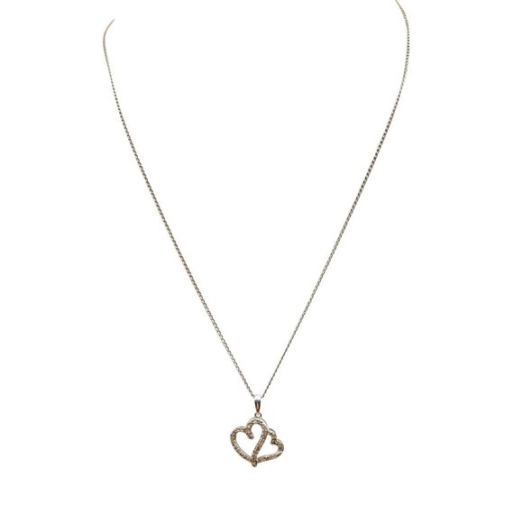 Vintage Sterling Silver 925 Double Heart Pendant Necklace with Diamond Accents - Picture 1 of 6